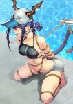  1girl absurdres arknights arms_behind_back barefoot baseball_cap bdsm bikini bikini_top blue_hair bondage bound ch&#039;en_(arknights) chen_zi collaboration commission crotch_rope dragon_horns dragon_tail frogtie gag gagged hat highres horns kneeling poolside red_eyes restrained rope shinebell short_shorts shorts swimsuit tail water 