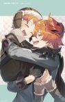  2boys ^_^ ^o^ boots brothers carrying childe_(genshin_impact) closed_eyes earrings family genshin_impact happy hat highres hug jam8686 jewelry long_sleeves mask multiple_boys open_mouth orange_hair pants siblings smile 