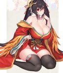  1girl azur_lane bangs bare_shoulders black_hair black_legwear breasts cleavage commentary_request crossed_bangs feathers finger_to_chin hakama_skirt japanese_clothes kimono large_breasts long_hair mask mask_on_head nidy off-shoulder_kimono red_eyes red_kimono sitting skirt skirt_lift smile taihou_(azur_lane) thick_thighs thighhighs thighs twintails 