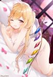  1girl artist_name bangs bare_arms bare_legs barefoot blonde_hair blurry blurry_background blurry_foreground blush bra collarbone commentary_request crystal curtains depth_of_field eyebrows_visible_through_hair flandre_scarlet flower full_moon haruki_(colorful_macaron) highres indoors long_hair looking_at_viewer lying moon night no_hat no_headwear on_bed one_eye_closed one_side_up open_mouth panties petals pillow red_eyes red_moon rose rose_petals side-tie_panties signature smile solo thighs touhou twitter_username underwear underwear_only white_bra white_panties window wings 