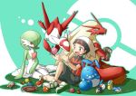  1boy :d azumarill beanie berry_(pokemon) blaziken blush bracelet brendan_(pokemon) brown_hair commentary_request gardevoir gen_2_pokemon gen_3_pokemon grass grey_eyes hat heart jewelry knees latias legendary_pokemon male_focus nagi_(exsit00) open_mouth outline poke_ball poke_ball_(basic) pokemon pokemon_(creature) pokemon_(game) pokemon_oras shoes short_sleeves shorts sitting smile white_headwear 