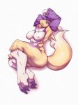  2020 abs agitype01 anthro big_breasts black_sclera blue_eyes breasts canid canine clothing digimon digimon_(species) digital_media_(artwork) edit female fur hi_res looking_at_viewer mammal mostly_nude muscular muscular_anthro muscular_female nipples open_mouth renamon simple_background solo tuft white_background white_body white_fur yellow_body yellow_fur 