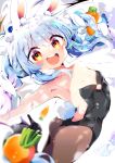  1girl :d aloe_(kenkou3733) ass bare_back bare_shoulders blue_hair blurry braid breasts brown_legwear bunny_tail carrot_hair_ornament cleavage collarbone commentary_request eyebrows_visible_through_hair food_themed_hair_ornament hair_ornament highres hololive long_hair looking_at_viewer multicolored_hair open_mouth orange_eyes pantyhose playboy_bunny small_breasts smile solo tail teeth thick_eyebrows twin_braids two-tone_hair upper_teeth usada_pekora virtual_youtuber white_hair 
