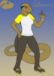  2019 anaconda anthro bare_back big_tail black_body black_scales boa_(snake) boinae bottomwear bra bracelet breasts brown_body brown_scales clothed clothing colored_nails digital_media_(artwork) female footwear fully_clothed gradient_background hand_on_hip hi_res icon jewelry lauren(zypter) nails non-mammal_breasts orange_eyes orange_sclera pants reptile scales scalie shirt simple_background smile snake solo standing tailwear tattoo teal_scales text topwear underwear yellow_nails zypter 