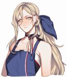  1girl apron bare_shoulders blonde_hair blue_apron blue_eyes collarbone dress hair_between_eyes highres kantai_collection long_hair looking_to_the_side mole mole_under_eye mole_under_mouth richelieu_(kantai_collection) sideways_glance simple_background solo strapless strapless_dress su_konbu two-tone_dress upper_body white_background 