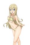  absurdres bikini blonde_hair blue_eyes blush breasts eyebrows hand_on_own_chest highres k-on! kotobuki_tsumugi midriff navel open_mouth swimsuit thick_eyebrows thick_thighs thighs white_background yasuc yellow_swimsuit 
