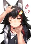  :3 absurdres alternate_costume animal_ears black_hair blush closed_mouth collarbone commentary_request hair_ornament hairband highres hololive long_hair looking_at_viewer one_eye_closed ookami_mio petting pov pov_hands simple_background starkamisan virtual_youtuber white_background wolf_ears yellow_eyes 