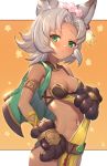  1girl animal_ears bangs bare_shoulders black_gloves blush breasts brown_background cape commentary_request dark_skin erune floral_background flower forehead gloves granblue_fantasy green_cape green_eyes grey_hair hair_flower hair_ornament highres looking_at_viewer medium_breasts melleau navel parted_bangs parted_lips paw_gloves paws pink_flower solo two-tone_background uneg white_background 