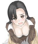  1girl black_hair blush bra breasts brown_eyes chi-hatan_military_uniform cleavage collarbone elf_(stroll_in_the_woods) eyebrows_visible_through_hair girls_und_panzer highres large_breasts long_hair looking_at_viewer looking_up military military_uniform nishi_kinuyo open_mouth shiny shiny_hair simple_background skirt sweat underwear uniform white_background white_bra yellow_skirt 