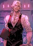  1boy black_vest chair collarbone collared_shirt commentary_request cowboy_shot dante_(devil_may_cry) devil_may_cry devil_may_cry_5 dress_shirt facial_hair grey_eyes grin highres indoors light looking_at_viewer male_focus ogata_tomio partially_unbuttoned pectorals shirt short_hair sketch sleeves_rolled_up smile solo standing stubble vest white_hair white_shirt 