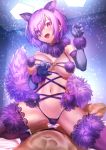  1boy 1girl absurdres animal_ears bangs blush breasts claw_pose dangerous_beast elbow_gloves fate/grand_order fate_(series) fur-trimmed_gloves fur-trimmed_legwear fur_collar fur_trim girl_on_top gloves hair_over_one_eye halloween_costume hetero highres large_breasts light_purple_hair looking_at_viewer mash_kyrielight mishima_saiko navel o-ring open_mouth purple_eyes purple_gloves purple_legwear revealing_clothes short_hair smile straddling tail thighhighs wolf_ears wolf_tail 