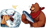  black_nose brown_body brown_fur claws duo feral fish fur happy hi_res humanoid kerchief kuma_(tekken) male mammal marine michafrar red_kerchief sasquatch sasquatch_(darkstalkers) surprise tongue tongue_out ursid white_body white_fur 