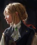  1girl absurdres blonde_hair braid brooch cravat crown_braid elvafirst french_braid highres jewelry lips looking_away painterly red_ribbon ribbon solo upper_body violet_evergarden violet_evergarden_(character) 