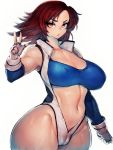  1girl blue_eyes breasts brown_hair cameltoe covered_nipples fingerless_gloves fumio_(rsqkr) gloves highres kazama_asuka large_breasts looking_at_viewer navel short_hair simple_background solo tekken tekken_5 thick_thighs thighs unzipped white_background wide_hips 