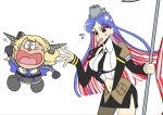  2girls american_flag anno88888 bangs black_eyes black_neckwear black_skirt blonde_hair blue_hair breasts capelet colorado_(kantai_collection) copyright_request crying flag flying_sweatdrops headgear highres holding kantai_collection long_hair long_sleeves midriff multicolored_hair multiple_girls navel necktie open_mouth parody red_hair short_hair side_slit simple_background skirt south_dakota_(kantai_collection) star_(symbol) style_parody sweatdrop tears white_background white_hair 