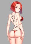  1girl absurdres ass back bare_shoulders bra breasts eyebrows_visible_through_hair grey_background hand_on_ass highres lips lipstick looking_at_viewer makeup medium_hair open_mouth original panties red_bra red_eyes red_hair red_panties solo thong underwear yi_mian 