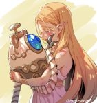  1girl bare_shoulders blonde_hair blush bracelet closed_eyes comforting commentary_request crying dress guardian_(breath_of_the_wild) highres holding hug hyrule_warriors:_age_of_calamity jewelry long_hair necklace open_mouth pointy_ears princess_zelda robot shuri_(84k) simple_background smile tears the_legend_of_zelda the_legend_of_zelda:_breath_of_the_wild twitter_username very_long_hair white_dress wiping_tears 