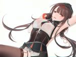  1girl black_gloves black_legwear breasts brown_hair chilli_646 corset dsr-50_(girls_frontline) eyebrows_visible_through_hair girls_frontline gloves hand_to_own_mouth hand_up hat highres long_hair looking_at_viewer lying on_back open_mouth red_eyes shirt solo thighhighs uniform white_background 