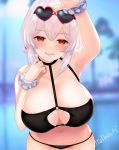  1girl azur_lane bangs bent_over bikini black_bikini blush breasts cleavage cleavage_cutout clothing_cutout collarbone commentary_request eyewear_on_head frilled_bracelet heart heart-shaped_eyewear huge_breasts looking_at_viewer navel red_eyes short_hair sidelocks sirius_(azur_lane) sirius_(midsummer_seirios)_(azur_lane) solo sunglasses swimsuit teltelhousi tied_hair twitter_username white_hair 