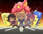  3girls aki_rosenthal arms_up chibi closed_eyes colored_smoke commentary_request electriccross explosion himemori_luna hololive multiple_girls pose roboco-san sentai shadow smile v-shaped_eyebrows virtual_youtuber 