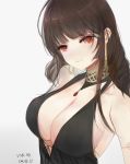  1girl artist_name bare_shoulders black_dress breasts brown_hair character_name chilli_646 cleavage closed_mouth dress dsr-50_(girls_frontline) earrings eyebrows_visible_through_hair girls_frontline highres jewelry large_breasts long_hair looking_at_viewer necklace red_eyes solo white_background 