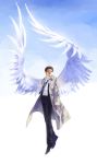 1boy angel angel_wings blue_eyes blue_neckwear brown_hair castiel floating long_coat necktie siruphial sky solo supernatural_(tv_series) trench_coat wings 