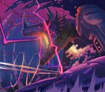 commentary cyborg digimon dinosaur electricity english_commentary from_side glowing glowing_eyes helmet highres horns mechanical_arm metalgreymon monster no_humans open_mouth qtime4_702 red_eyes sharp_teeth signature solo teeth veins 