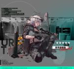  1girl artist_request assault_rifle black_gloves blood blood_on_face boots breasts camouflage camouflage_jacket camouflage_pants character_name choker commentary commentary_request copyright_name damaged english_text eyebrows_visible_through_hair eyewear_on_head fingerless_gloves girls_frontline gloves gun hair_between_eyes holding holding_weapon jacket looking_at_viewer medium_hair official_art pants purple_eyes rifle silver_hair sitting_on_floor sl8_(girls_frontline) solo weapon 
