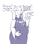  2_horns anthro belly blue_and_white boss_monster bovid breasts caprine clothed clothing delta_rune_(emblem) dialogue dress english_text eyelashes eyes_closed female fur goat horn lowkey mammal monochrome open_mouth overweight overweight_anthro overweight_female simple_background solo speech_bubble symbol text thought_bubble toriel undertale video_games white_background white_body white_fur 