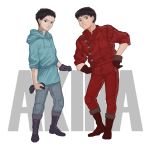  2boys akira arm_support bangs black_gloves black_hair blue_hoodie blue_pants boots brown_eyes closed_mouth commentary_request cross-laced_footwear full_body gloves gloves_removed hand_on_hip highres holding holding_clothes holding_gloves hood hoodie jacket jumpsuit kaneda_shoutarou kondate_(inugrm) leaning_on_object lips long_sleeves looking_at_viewer male_focus multiple_boys nose pants purple_footwear purple_gloves red_footwear red_gloves red_jacket red_jumpsuit red_pants shima_tetsuo shirt short_hair sleeves_pushed_up smile standing very_short_hair 