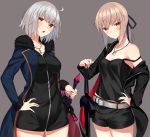  2girls absurdres artoria_pendragon_(all) bangs belt black_dress black_jacket black_ribbon black_shirt black_shorts blonde_hair blue_coat blush camisole closed_mouth coat commentary_request cowboy_shot cross cross_necklace dress excalibur_morgan eyebrows_visible_through_hair fate/grand_order fate_(series) frown fur-trimmed_coat fur_trim grey_background hair_ribbon hand_on_hip head_tilt highres holding holding_sword holding_weapon jacket jeanne_d&#039;arc_(alter)_(fate) jeanne_d&#039;arc_(fate)_(all) jet_black_king_of_knights_ver._shinjuku_1999 jewelry jun_(aousa0328) long_sleeves looking_at_viewer medium_hair multiple_girls necklace off_shoulder open_clothes open_coat open_jacket open_mouth ponytail ribbon saber_alter shirt short_dress short_hair short_shorts shorts sidelocks silver_hair simple_background standing strap_slip sword weapon white_belt wicked_dragon_witch_ver._shinjuku_1999 yellow_eyes 