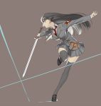  1girl bangs black_hair breasts buttons collared_shirt fighting_stance floating_hair full_body grey_eyes grey_skirt highres holding holding_sword holding_weapon leg_up long_hair long_sleeves master_2_(tokyo_houkago_summoners) nagiko_(mangalove1111) necktie red_neckwear school_uniform shirt shoes simple_background skirt smile solo sword thighhighs thighs tokyo_houkago_summoners weapon white_shirt wind wind_lift 