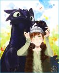  1boy blush brown_hair dragon fur_trim green_eyes helmet hiccup_horrendous_haddock_iii horned_helmet how_to_train_your_dragon male_focus musical_note siruphial toothless viking 