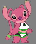  2020 4_fingers alien alternate_color angel_(lilo_and_stitch) antennae_(anatomy) artbro black_eyes claws clothed clothing disney experiment_(lilo_and_stitch) female fingers flat_colors green_claws grey_background lilo_and_stitch long_antennae looking_at_viewer midriff pink_body purple_nose semi-anthro simple_background smile solo standing 