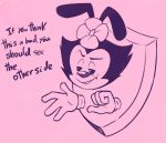  2020 animaniacs animaniacs_(2020) anthro clothing dot_warner female flower gloves handwear humor inkblot innuendo joke mammal plant smile solo soulcentinel text through_wall warner_brothers 