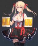  1girl alcohol beer beer_mug black_legwear blonde_hair blue_eyes blush breasts cleavage collarbone cup dirndl dress frilled_dress frills german_clothes graf_zeppelin_(kantai_collection) iron_cross jewelry kantai_collection kasumi_(skchkko) large_breasts long_hair looking_at_viewer mug necklace oktoberfest open_mouth sidelocks solo thighhighs twintails 