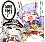  2girls :&lt; :d =_= afterimage azur_lane bangs beef black_coat black_neckwear black_ribbon blue_cloak blue_dress blue_hair blush braid chopsticks cloak coat collared_cloak collared_dress collared_shirt commentary_request crying dress eating enterprise_(azur_lane) essex_(azur_lane) eyebrows_visible_through_hair fire food french_braid fruit gloves grill grilling hair_ribbon hat holding holding_chopsticks holding_plate kado_(hametunoasioto) lemon long_hair meat military_hat motion_lines multiple_girls necktie off-shoulder_coat open_clothes open_coat open_mouth partially_fingerless_gloves peaked_cap plate red_neckwear ribbon shirt silver_hair simple_background sitting sleeveless sleeveless_shirt smile smoke speech_bubble streaming_tears sweatdrop table tears thought_bubble tongs translation_request twintails upper_body very_long_hair white_background white_headwear white_shirt yakiniku 