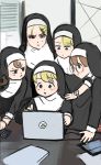  5girls black_headwear blonde_hair brown_hair computer diva_(hyxpk) habit highres indoors laptop little_nun_(diva) multiple_girls nun table tagme watch 