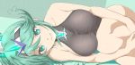  1girl breasts green_eyes green_hair hair_between_eyes hair_ornament highres horns large_breasts long_hair mitsugu pneuma_(xenoblade) single_horn solo swimsuit xenoblade_chronicles_(series) xenoblade_chronicles_2 
