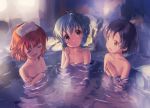  3girls :d :o bangs black_hair blue_hair blush brown_eyes brown_hair closed_eyes commentary_request copyright_request crossed_arms eyebrows_behind_hair hands_together hands_up head_tilt kawaseki looking_at_viewer multiple_girls nude onsen open_mouth own_hands_together parted_lips partially_submerged short_hair smile steam towel towel_on_head water 