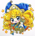  1girl bangs blonde_hair blue_eyes blue_headwear blush charlotte_(seiken_densetsu_3) chibi full_body high_priestess_(seiken_densetsu_3) jumping long_hair open_mouth round_teeth seiken_densetsu seiken_densetsu_3 signature smile solo star_(symbol) teeth traditional_media very_long_hair waving yuunagi_ryuuka 