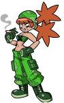  1girl baggy_pants boots breasts cigarette cleavage creeper crop_top gloves green_pants highres humanization impossible_pants loose_pants lowleg lowleg_pants midriff minecraft no_panties orange_hair pants sleeveless superspoe tooth_gap 