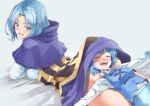  2girls arm_support ass blue_eyes blue_hair blush capelet closed_eyes commentary_request half-closed_eyes happy head_on_ass head_under_clothes head_under_skirt height_difference highres hood hood_down hooded_capelet kumoi_ichirin long_sleeves looking_at_another looking_back lying lying_on_person medium_hair multiple_girls nose_blush on_back on_stomach open_mouth outstretched_arms shirt short_hair skirt smile spread_arms tatara_kogasa touhou vest yohane yuri 
