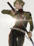  1boy au_(d_elite) belt black_pants closed_mouth green_eyes green_hair katana looking_to_the_side male_focus pants scabbard sheath simple_background solo sword touken_ranbu uguisumaru weapon white_background white_belt 