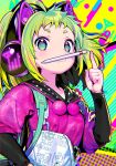  1girl :3 ahoge antenna_(dohna_dohna) backpack bag blush cat_ear_headphones commentary_request dohna_dohna green_eyes green_hair headphones hood hoodie index_finger_raised long_sleeves looking_at_viewer official_art overalls pen pink_hoodie short_eyebrows short_hair shunin solo upper_body 