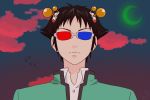  1boy 3d_glasses bird black_hair cosplay crescent_moon dated derivative_work facing_viewer frostychica glasses grey_skin hair_ornament homestuck male_focus moon outdoors portrait saiki_kusuo saiki_kusuo_(cosplay) saiki_kusuo_no_psi_nan screencap_redraw sollux_captor solo upper_body 