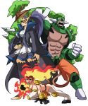  1boy 2girls abs all_fours arm_at_side armor bare_arms bare_pecs black_hair blue_eyes breasts closed_mouth coat collarbone collared_coat commentary dark_skin dark_skinned_male dress empoleon english_commentary eye_mask fiery_hair fire flaming_hand full_body gen_4_pokemon gloves green_hair hair_bun half-closed_eyes hand_on_hip height_difference high_collar high_heels high_ponytail highres holding holding_shield infernape knee_pads long_hair long_sleeves looking_at_viewer mask monkey_tail multiple_girls muscle open_clothes open_coat open_mouth overgrown pants pectorals pelvic_curtain personification plant pokemon pokemon_(game) pokemon_dppt shield shoes short_dress short_hair shoulder_armor simple_background spikes standing stomach superhero tail thighhighs tina_fate torterra v-shaped_eyebrows very_long_hair white_background wide_sleeves yellow_eyes zettai_ryouiki 