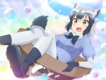  1girl :o absurdres animal_ear_fluff animal_ears bangs basin black_footwear black_hair blue_shirt breasts brown_eyes commentary common_raccoon_(kemono_friends) elbow_gloves extra_ears fang fur_collar gloves grey_hair highres in_container kemono_friends looking_at_viewer medium_breasts multicolored_hair pantyhose puffy_short_sleeves puffy_sleeves raccoon_ears raccoon_tail shiraha_maru shirt shoes short_sleeves sitting soap_bubbles solo striped_tail tail white_hair white_legwear 
