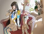  2girls 3boys absurdres black_hair blonde_hair blush cape closed_eyes couch frown gamagoori_ira green_hair hand_to_own_mouth hat high_collar highres inumuta_houka jakuzure_nonon junketsu kill_la_kill kiryuuin_satsuki long_hair long_sleeves mask multiple_boys multiple_girls pink_hair potomithu sanageyama_uzu shako_cap short_hair short_sleeves side-by-side sitting skull smile thighhighs very_long_hair white_cape 