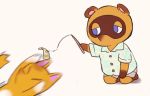  aloha_shirt animal_crossing blue_eyes canid canine crazy_redd duo fishing_rod fox male mammal money nintendo raccoon_dog tanuki tom_nook_(animal_crossing) video_games yukomori 